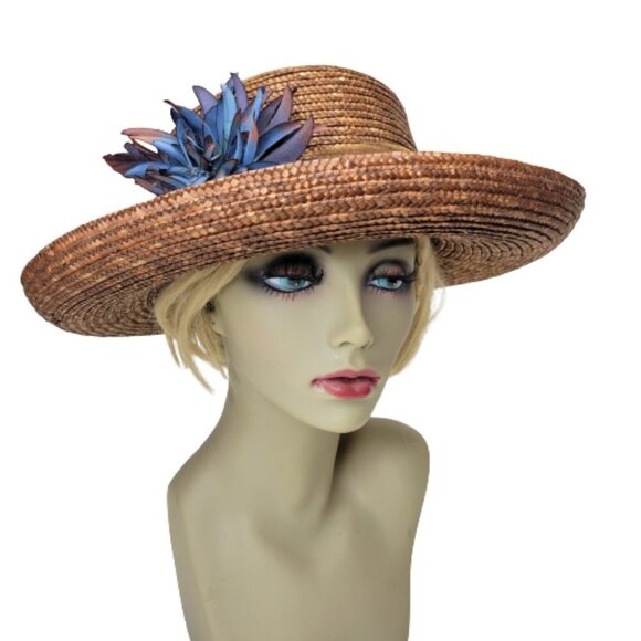 Brown Wide Brim Hat Light Braided Hat With Large Blue Flower Accent NEW! - Picture 4 of 11